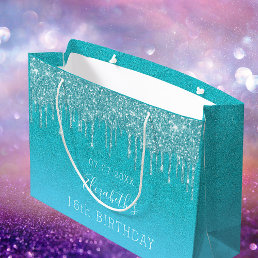 Birthday teal blue glitter drips monogram large gift bag