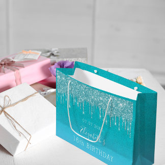 Birthday teal blue glitter drips monogram large gift bag
