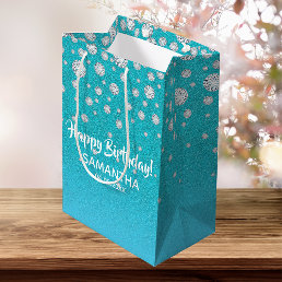 Birthday teal blue green glitter name medium gift bag