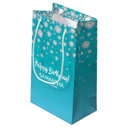 Birthday teal blue green glitter name small gift bag