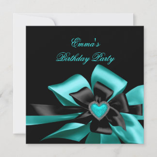 Birthday Teal Blue Heart Black Bow Image Invitation