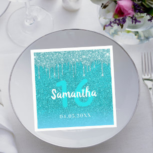 Birthday teal glitter blue green aqua monogram napkins