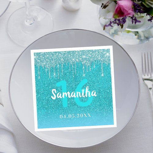 Birthday teal glitter blue green aqua monogram napkins