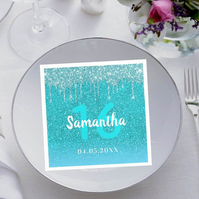 Birthday teal glitter blue green aqua monogram napkins (Creator Uploaded)