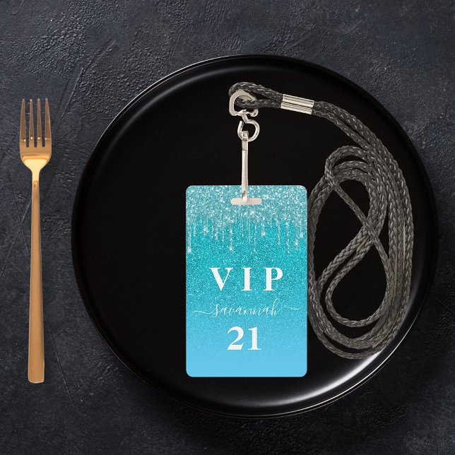 Birthday teal glitter drips blue vip invitation badge (Creator Uploaded)