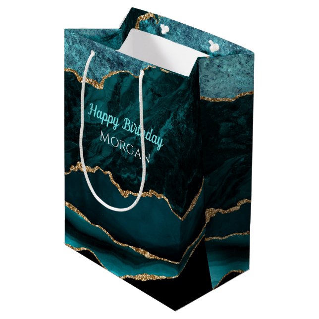 Birthday, Teal, Gold & Black Agate, White Name Medium Gift Bag (Back Angled)