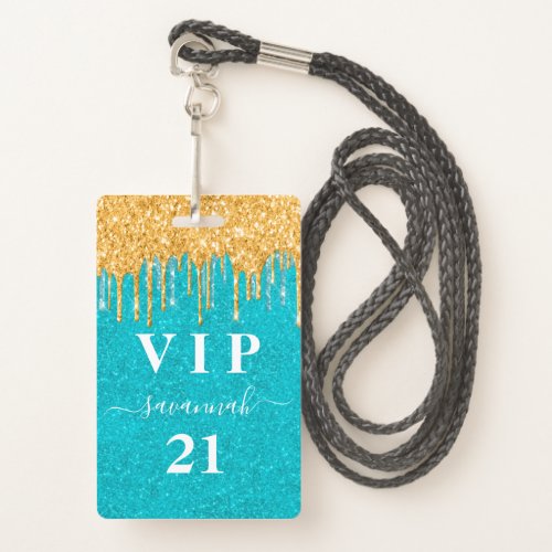 Birthday teal gold glitter drips vip invitation badge