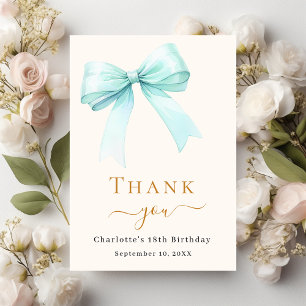 Birthday teal green bow cream  thank you card
