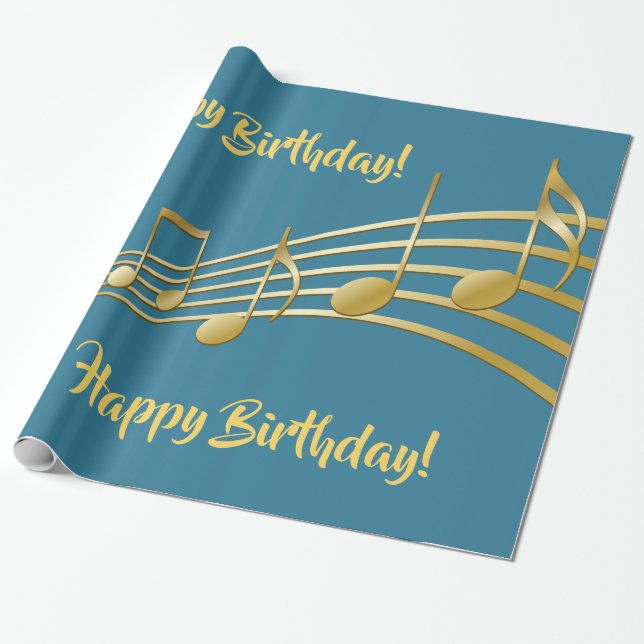 Birthday teal green gold music notes wrapping paper (Unrolled)
