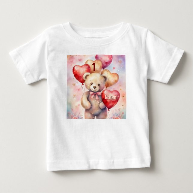 Birthday Teddy Bear add Name & Age Little Girl's Baby T-Shirt (Front)