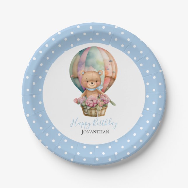Birthday Teddy Bear Balloon Poke Dots  Paper Plates (Front)