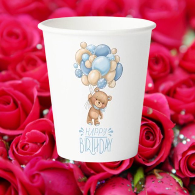 Birthday Teddy Bear Boy Blue Balloons   Paper Cups (We can hardly wait to celebrate your special day! )