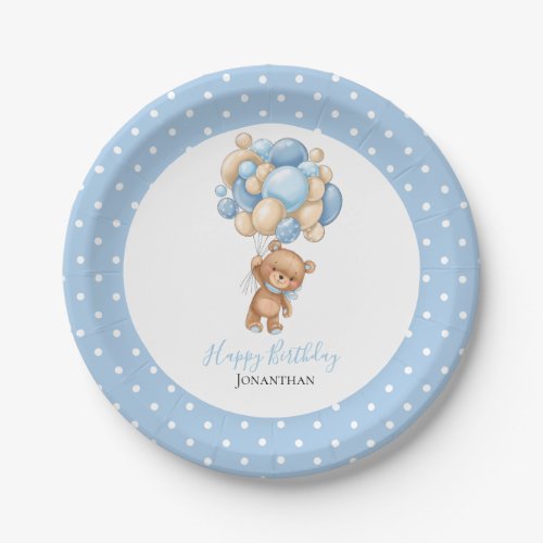 Birthday Teddy Bear Boy Blue Balloons  Poke Dots Paper Plates