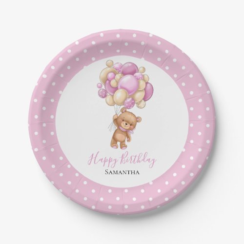 birthday Teddy Bear Girl Balloons Pink  Dots Paper Plates