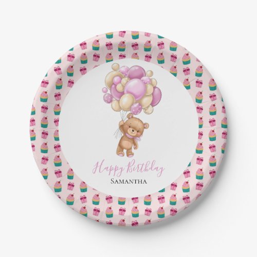 birthday Teddy Bear Girl Balloons Pink  Paper Plat Paper Plates