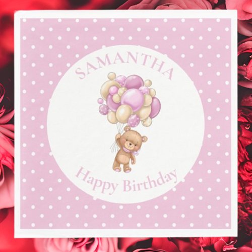 Birthday Teddy Bear PINK Balloons   Napkins