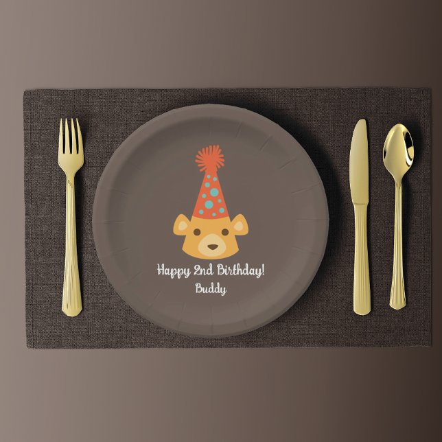 Birthday Teddy Bear Wearing a Party Hat Paper Plates (Creator Uploaded)