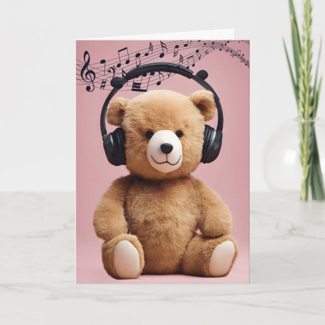 Birthday Teddy Bear With Headphones Card (Front)