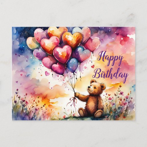 Birthday Teddy bear with Heart shaped balloons Holiday Postcard