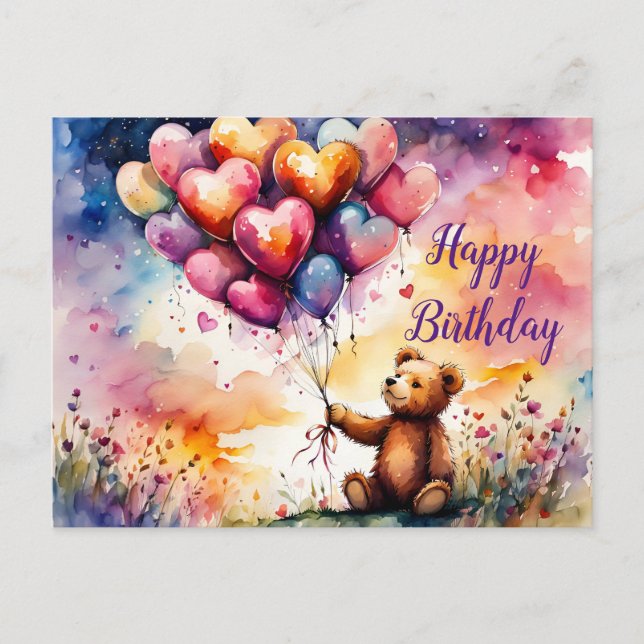 Birthday Teddy bear with Heart shaped balloons Holiday Postcard (Front)