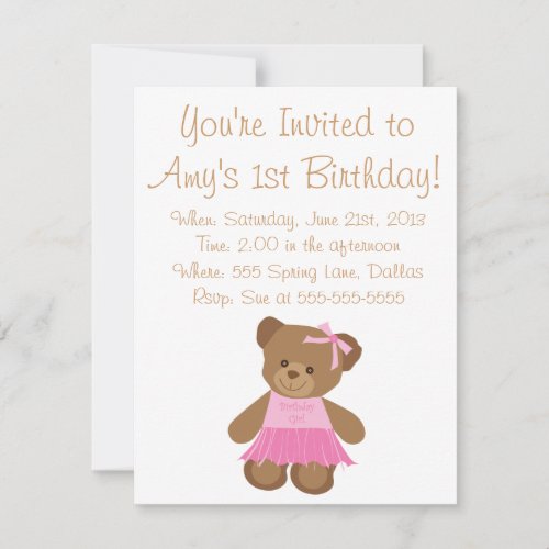 Birthday Teddy Bear With Pink Tutu Invitation