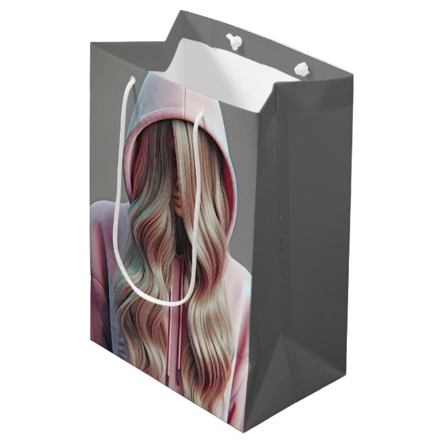 Birthday Teen Girl Hiding Behind Hair Medium Gift Bag (Front Angled)