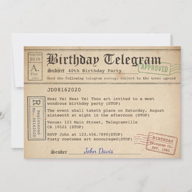 Birthday Telegram Invitation (Front)