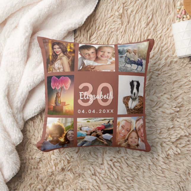 Birthday terracotta photo collage throw pillow (Blanket)