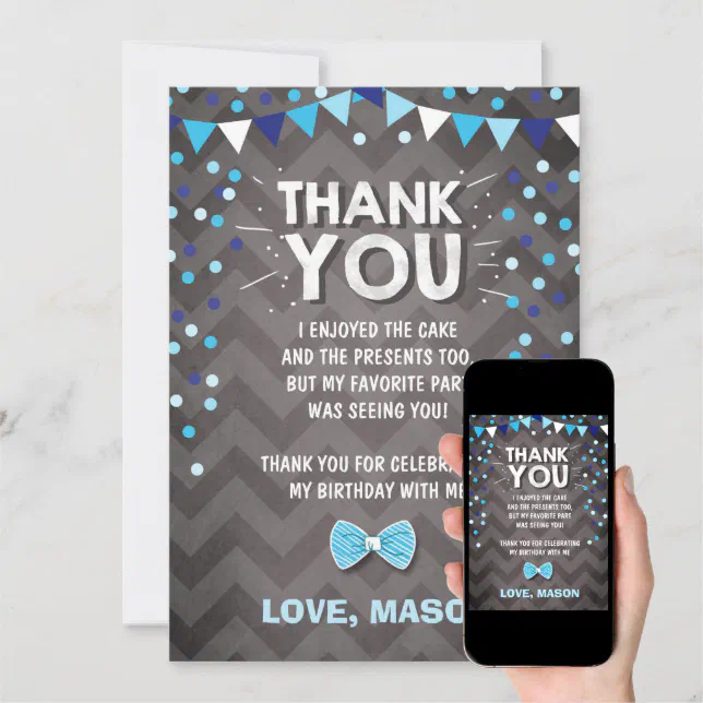 Birthday Thank You Card boy One Navy Blue Bowtie Zazzle