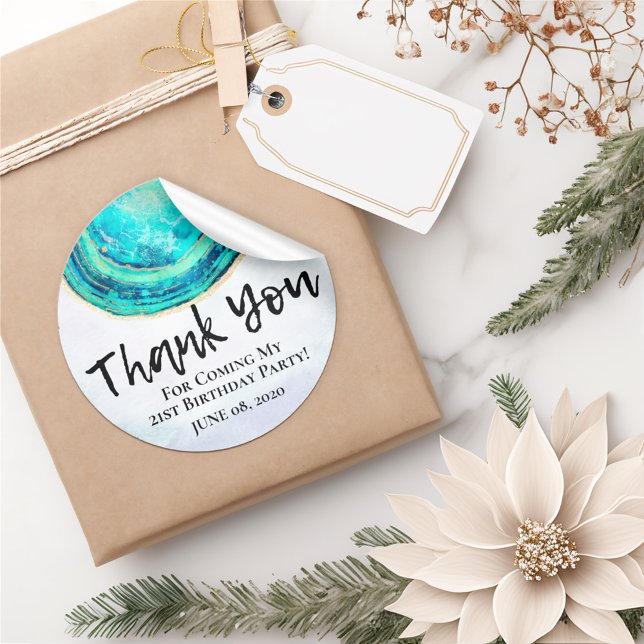 Birthday Thank You Elegant Teal & Gold Agate Geode Classic Round Sticker (Creator Uploaded)