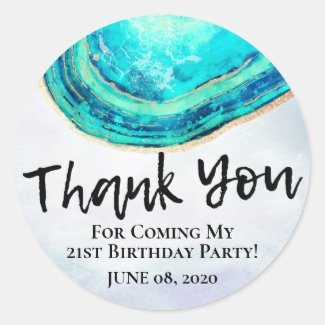 Birthday Thank You Elegant Teal & Gold Agate Geode Classic Round Sticker