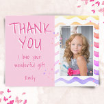 Birthday Thank you Kids Photo Postcard Pink Girl<br><div class="desc">Personalizable birthday thank you postcard for girls with photo and text I love your wonderful gift. Cute pink birthday thank you card for your friends and family. Upload your photo and personalize the postcard with your name and text. The postcard has colorful stars and waves. The back side is pink....</div>