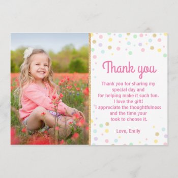 Birthday Thank You Photo Card Pink Gold Confetti by pinkthecatdesign at Zazzle