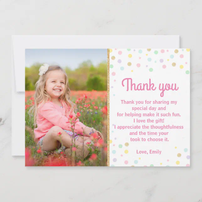 Birthday Thank You Photo Card Pink Gold Confetti | Zazzle