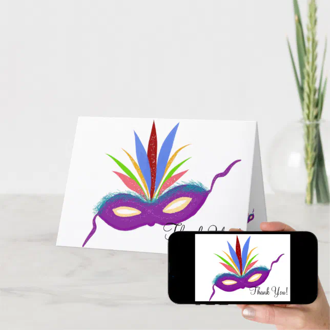Birthday Thank You Purple Mardi Gras Mask Card | Zazzle