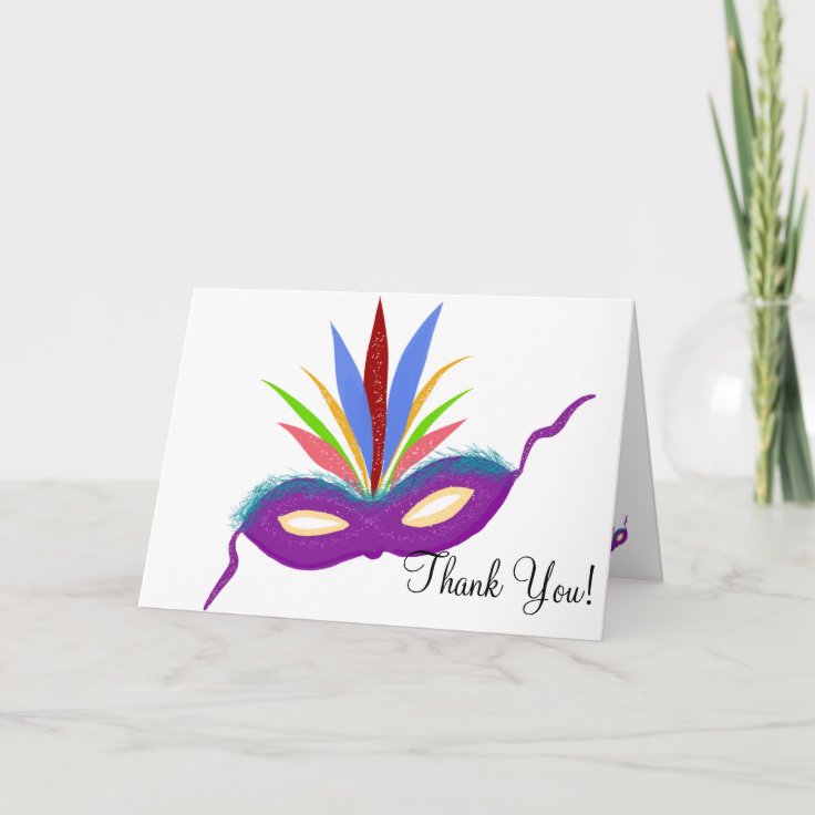 Birthday Thank You Purple Mardi Gras Mask Card | Zazzle