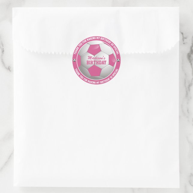Birthday Thank You Soccer Ball Pink and White Classic Round Sticker (Bag)