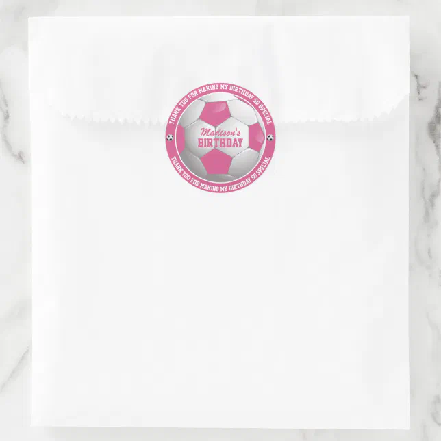 Birthday Thank You Soccer Ball Pink and White Classic Round Sticker ...