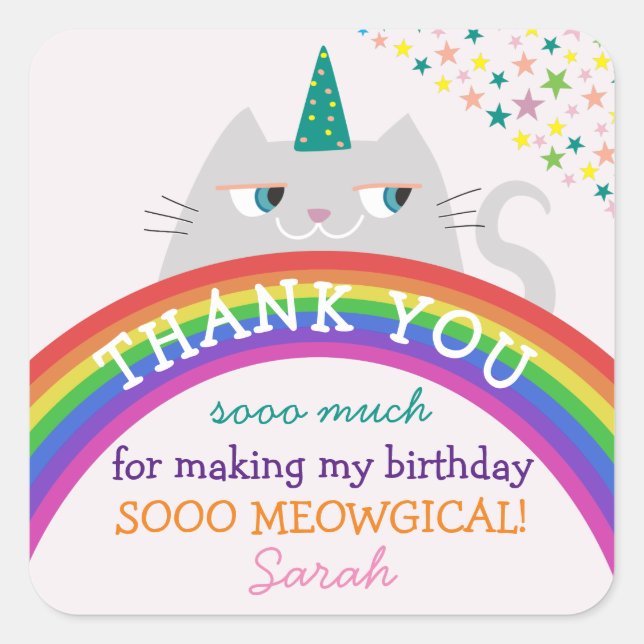 Birthday Thank You Sticker Rainbow Cat Cute (Front)