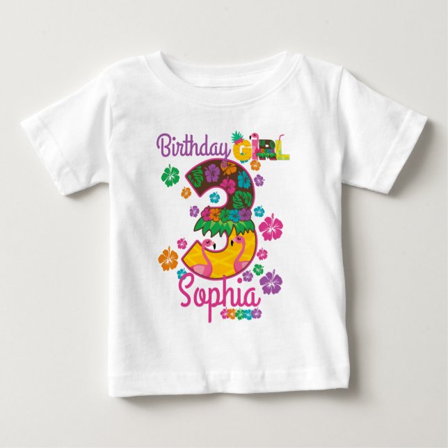 Birthday three 3 Hawaiian Luau Summer custom Baby T-Shirt (Front)