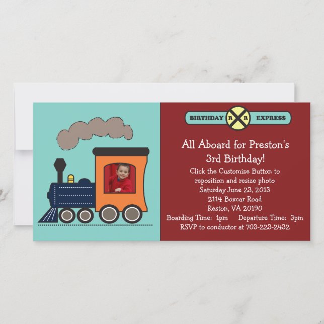 Birthday Train Photo Invitation - Red/Blue (Front)