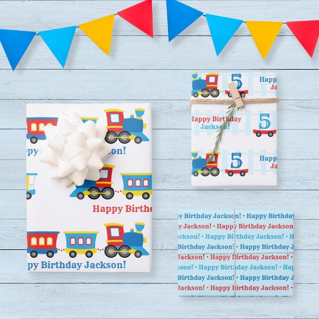 Birthday Train Wrapping Paper Sheets (Customizable train wrapping paper with a cute train in primary colors)