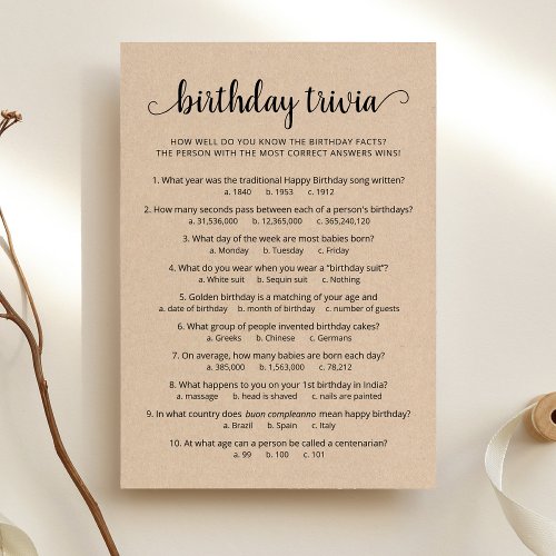 Birthday Trivia Game with Answers Birthday Card