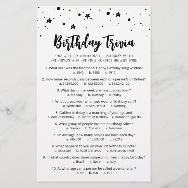 Birthday Trivia Game with Answers Birthday party (Front)