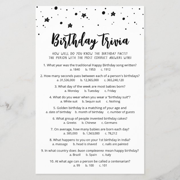 Birthday Trivia Game With Answers Birthday Party | Zazzle