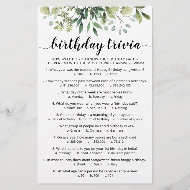 Birthday Trivia Game with Answers Birthday party (Front)