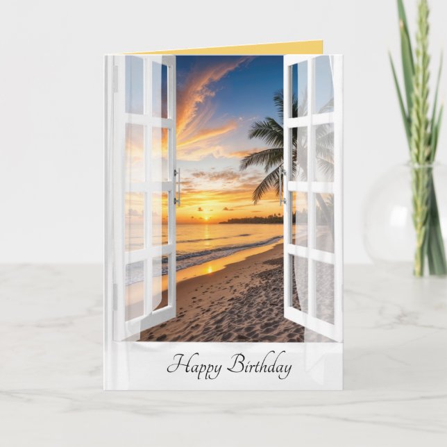 Birthday Tropical Beach Sunrise In Window Card (Front)