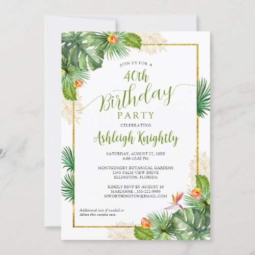 Birthday Tropical Palm Botanical Floral Green Gold Invitation