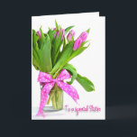 Birthday Tulips for Sister Card<br><div class="desc">Bright pink tulips in vase with polka dot bow for Sister.</div>