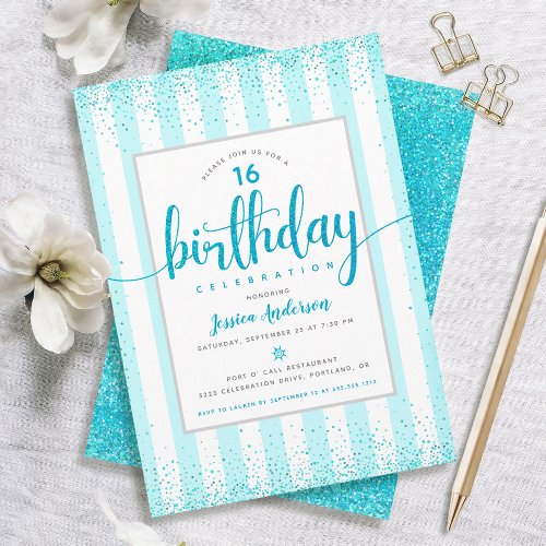 Birthday turquoise glitter dots script custom year invitation